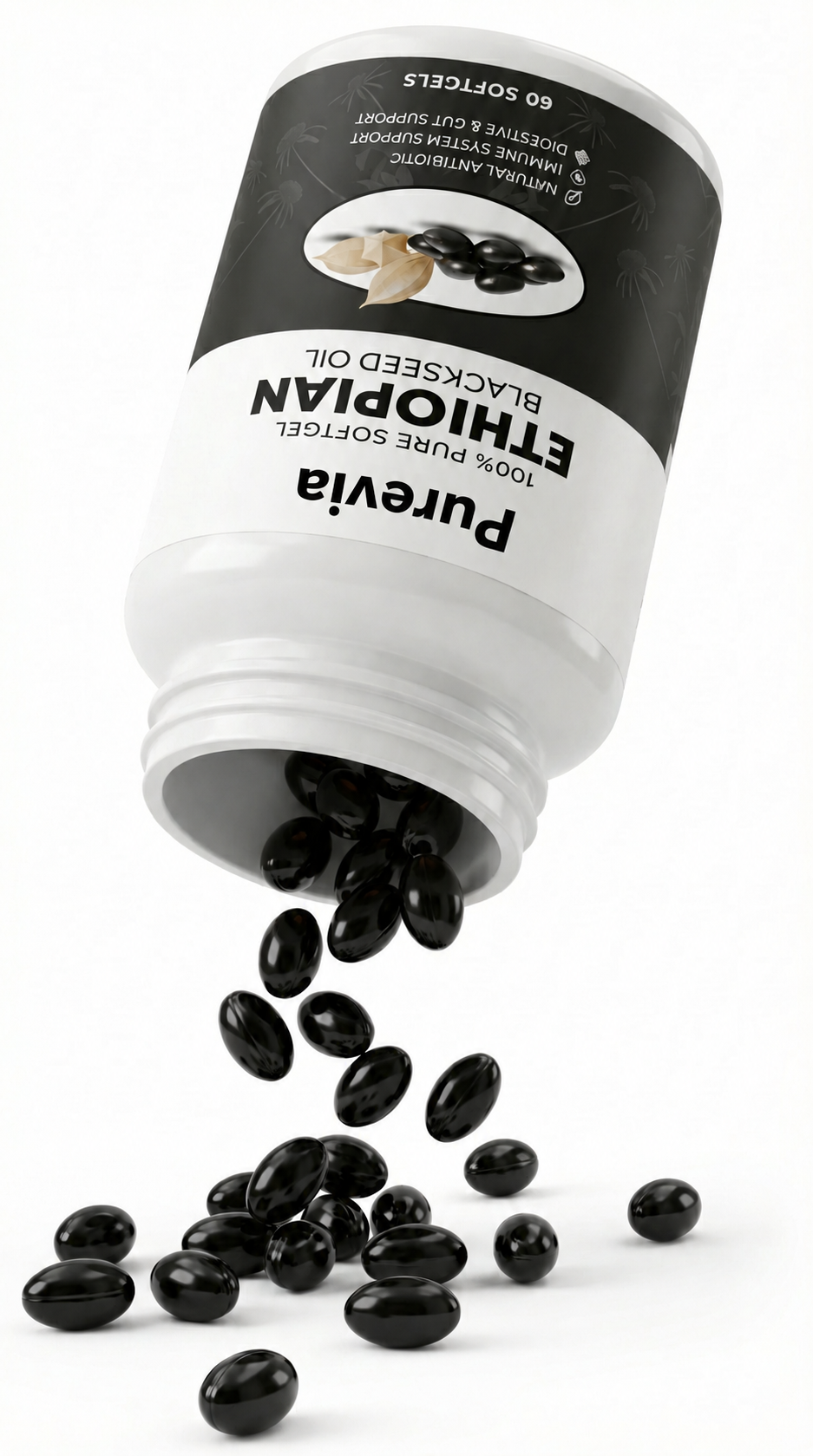 Frasco de aceite de semilla negra etíope Purevia con cápsulas