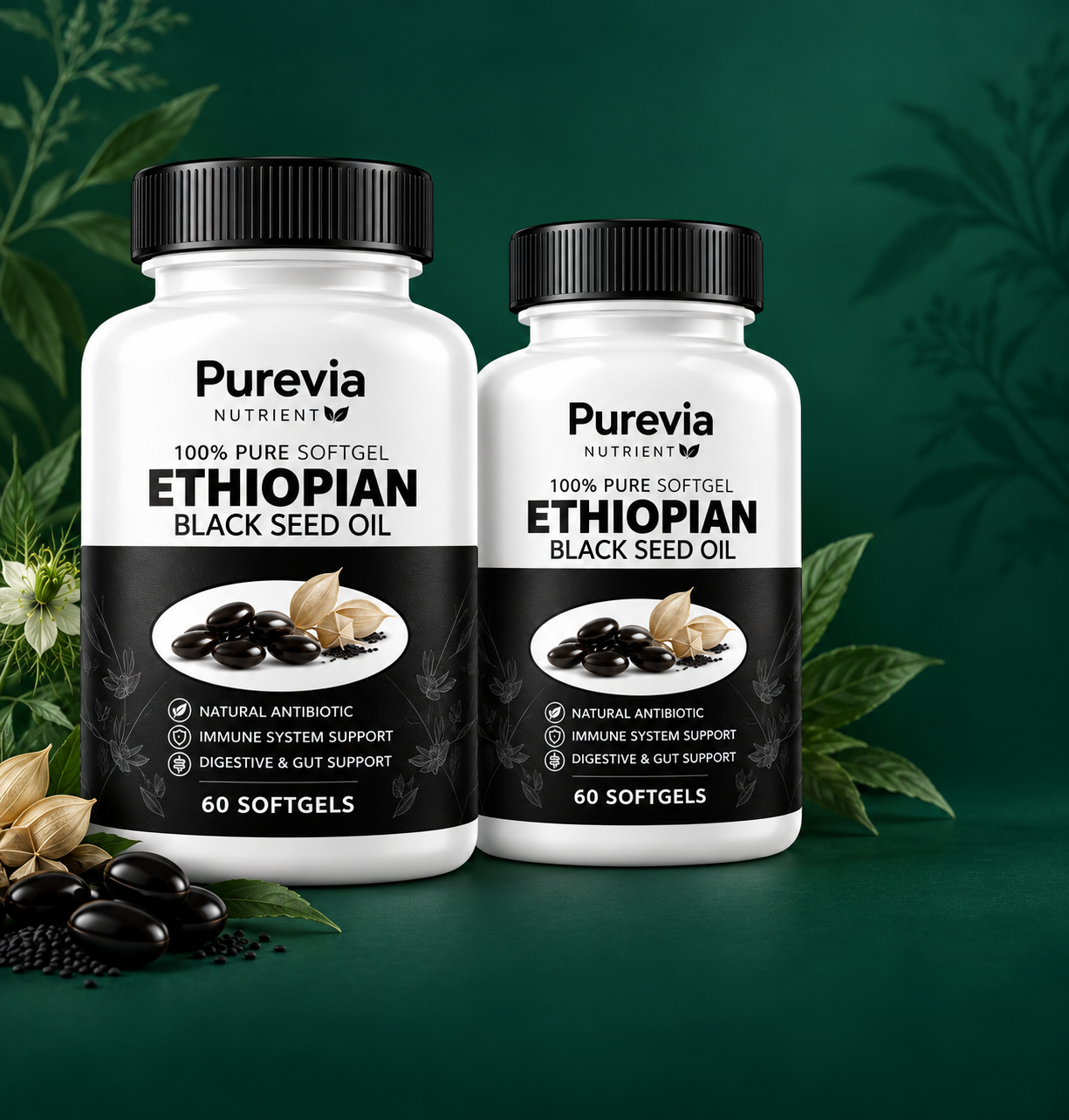 Frascos de aceite de semilla negra etíope Purevia y ebook incluido